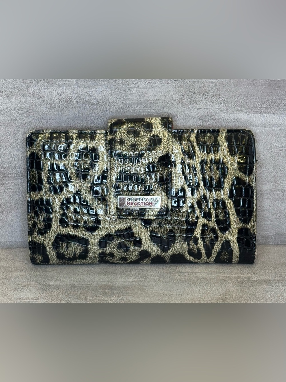 Kennith Cole Reaction Gold and Black Embossed Faux Leather Crocodile Wallet